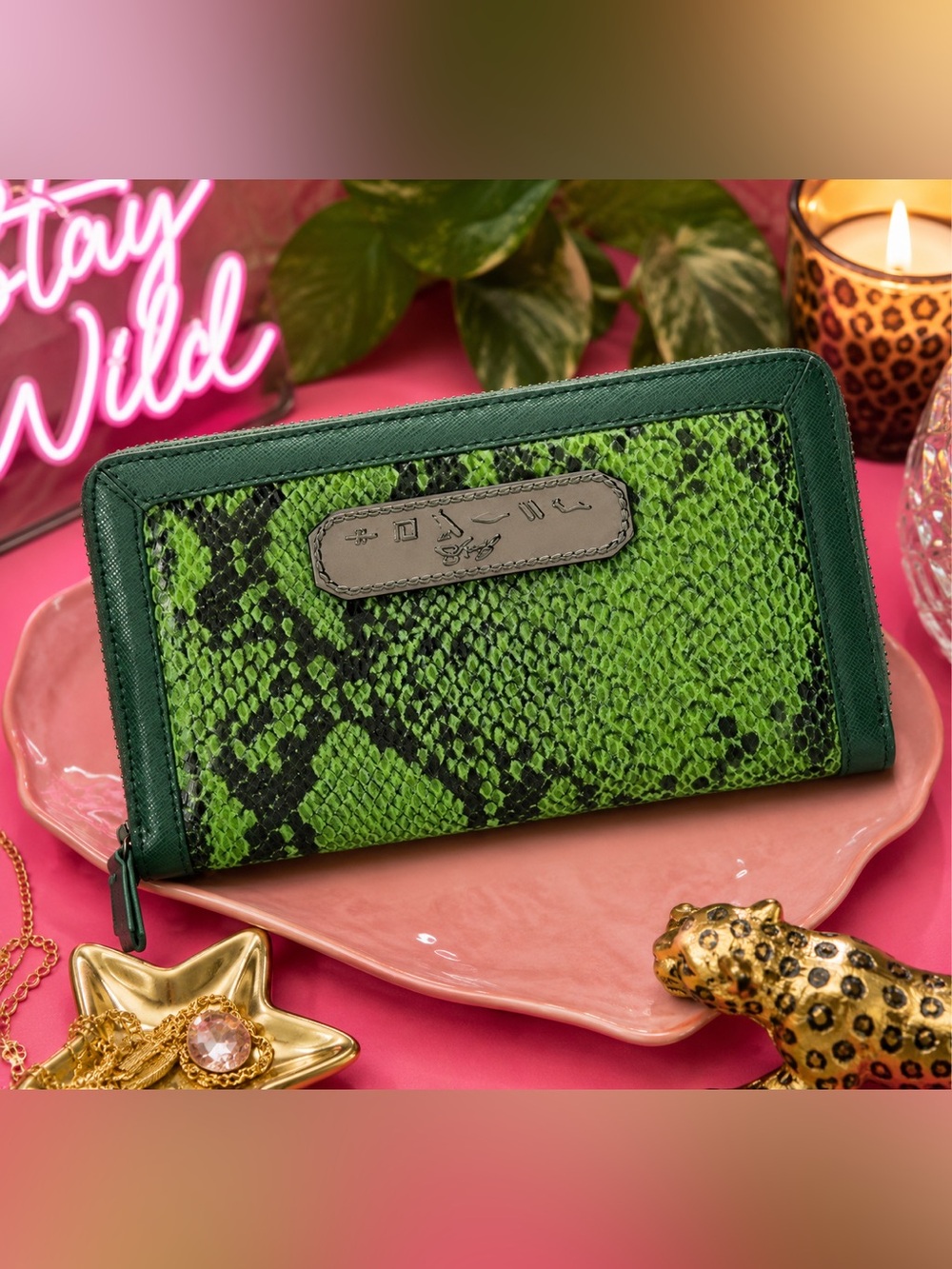 Sharif Anaconda Snake Print Wallet Kelly Green & Black RFID NWT Reptile